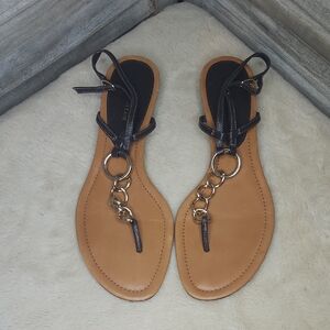 Ann Taylor Leather Tan and Gold Sandals Chic Summer Style